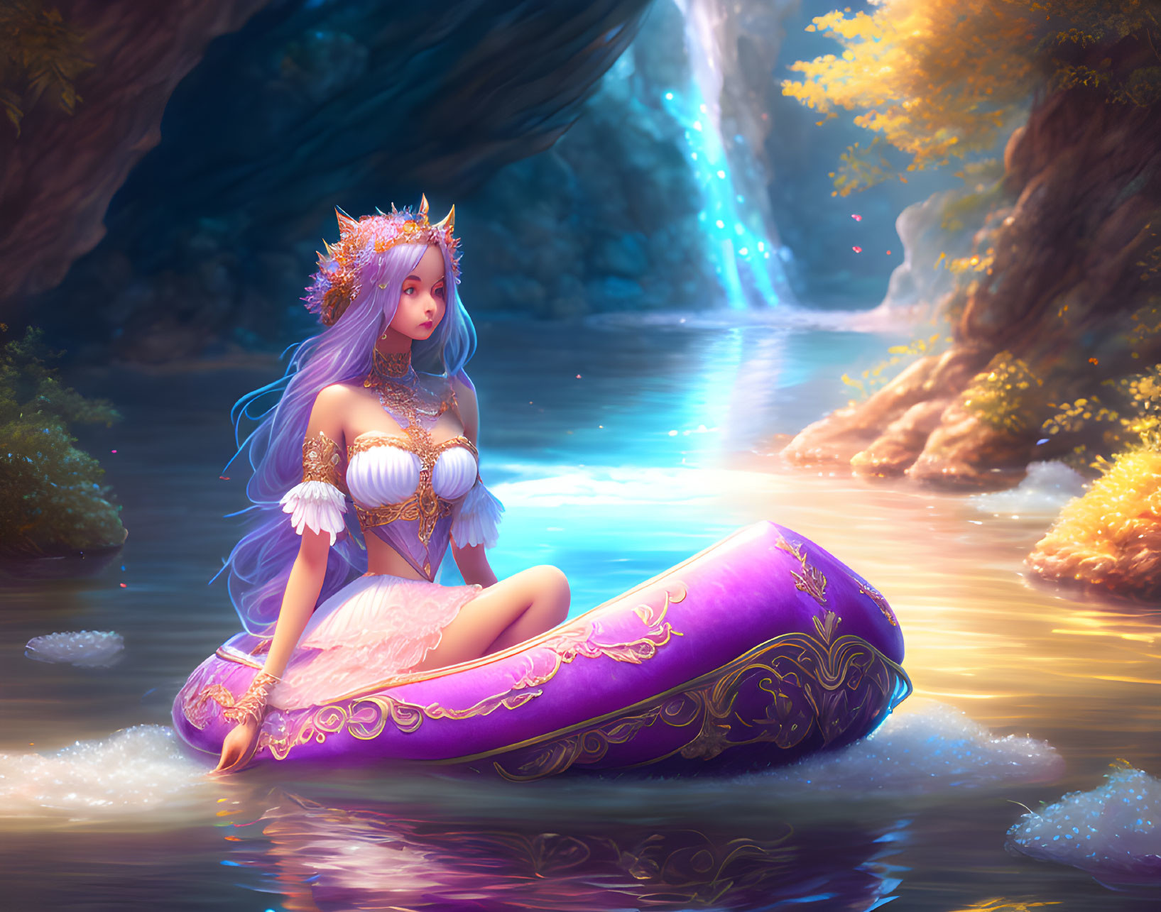 Fantasy illustration: Woman with purple hair in regal attire by serene river