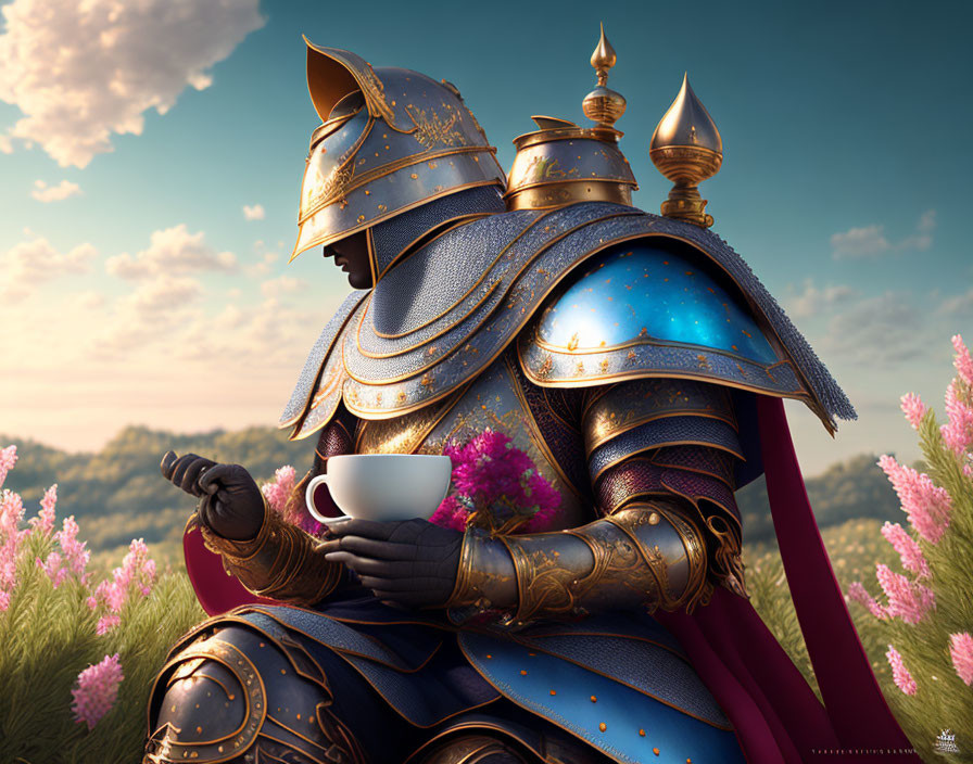 Knight in Blue and Gold Armor on Red Chair in Flower Field with White Cup