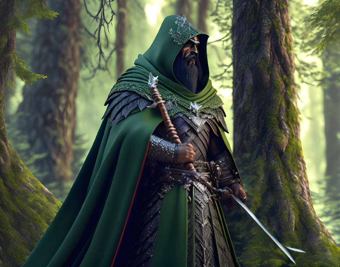 Fantasy armored figure wielding a sword in forest setting