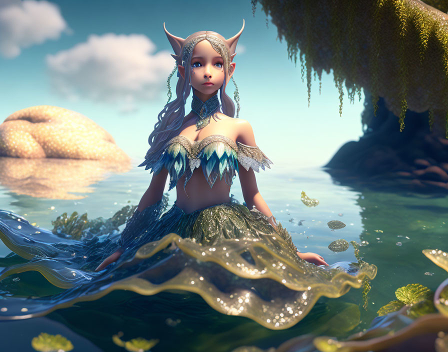 Fantasy female character with elf-like ears in water landscape