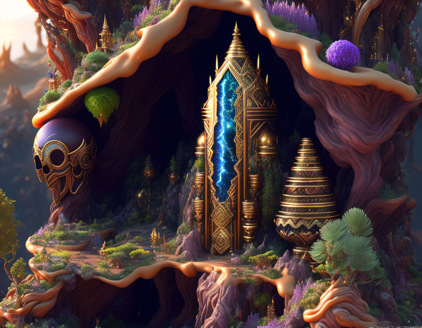 Fantasy landscape with glowing tower in giant tree hollow