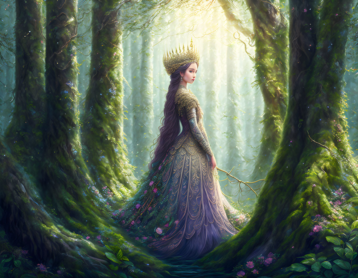 Regal queen in gold gown and crown in mystical forest