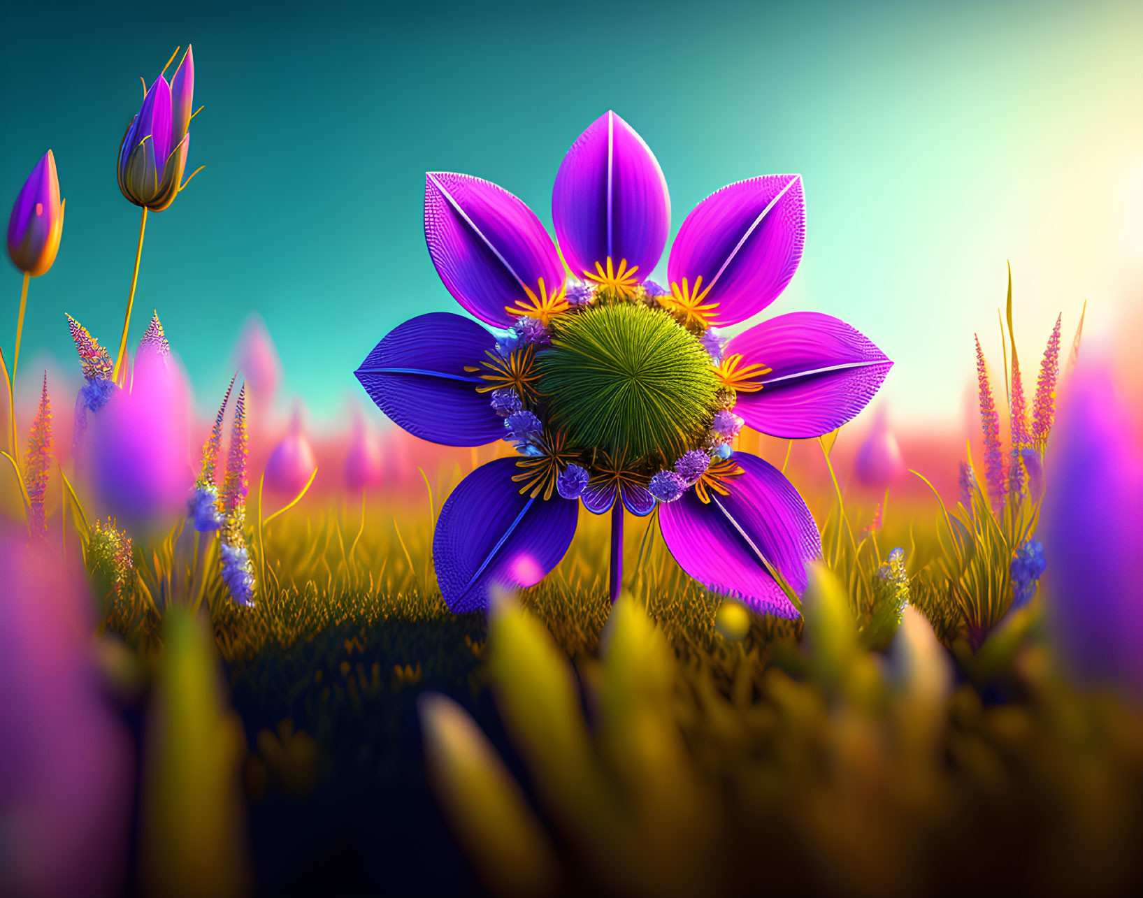 Purple flower with large spherical center in vibrant, stylized image