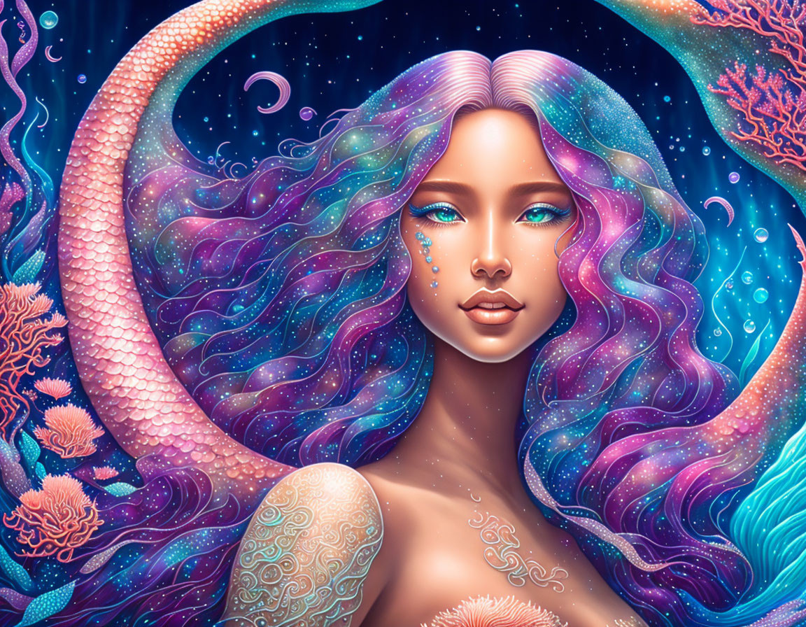 Colorful-haired mermaid in cosmic underwater scene with coral and celestial motifs