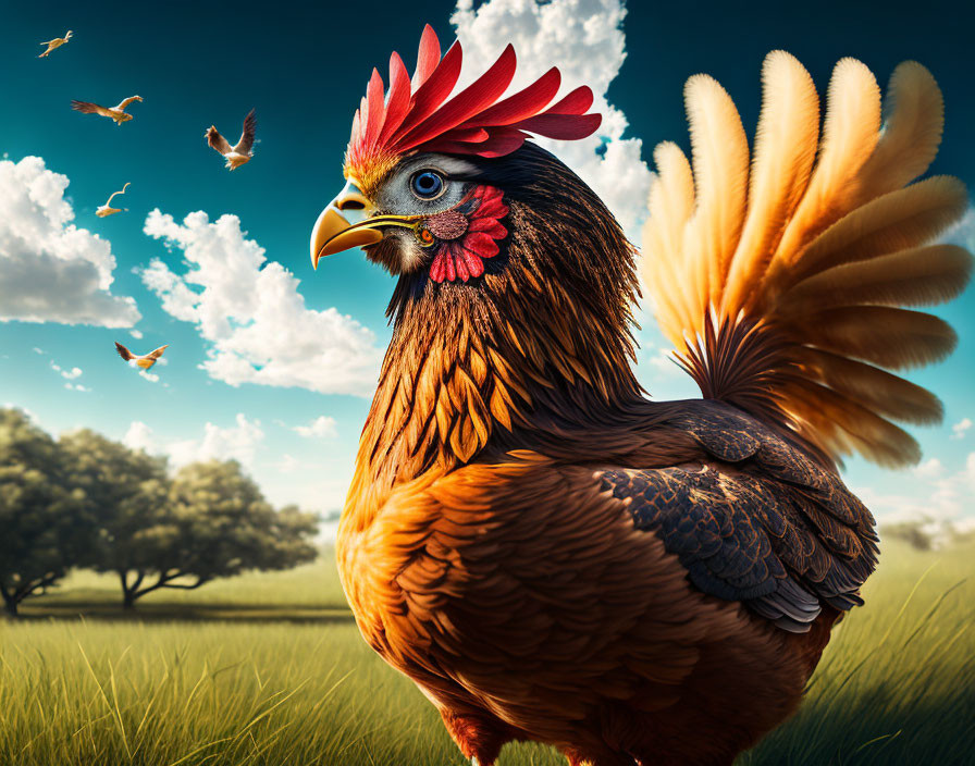 Vibrant rooster with reddish-brown feathers in green field under blue sky