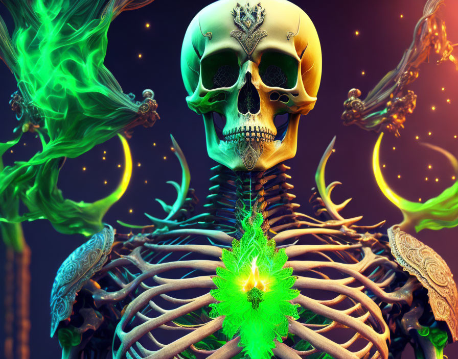 Detailed Illustration of Skeletal Figure with Green Flames and Intricate Glow