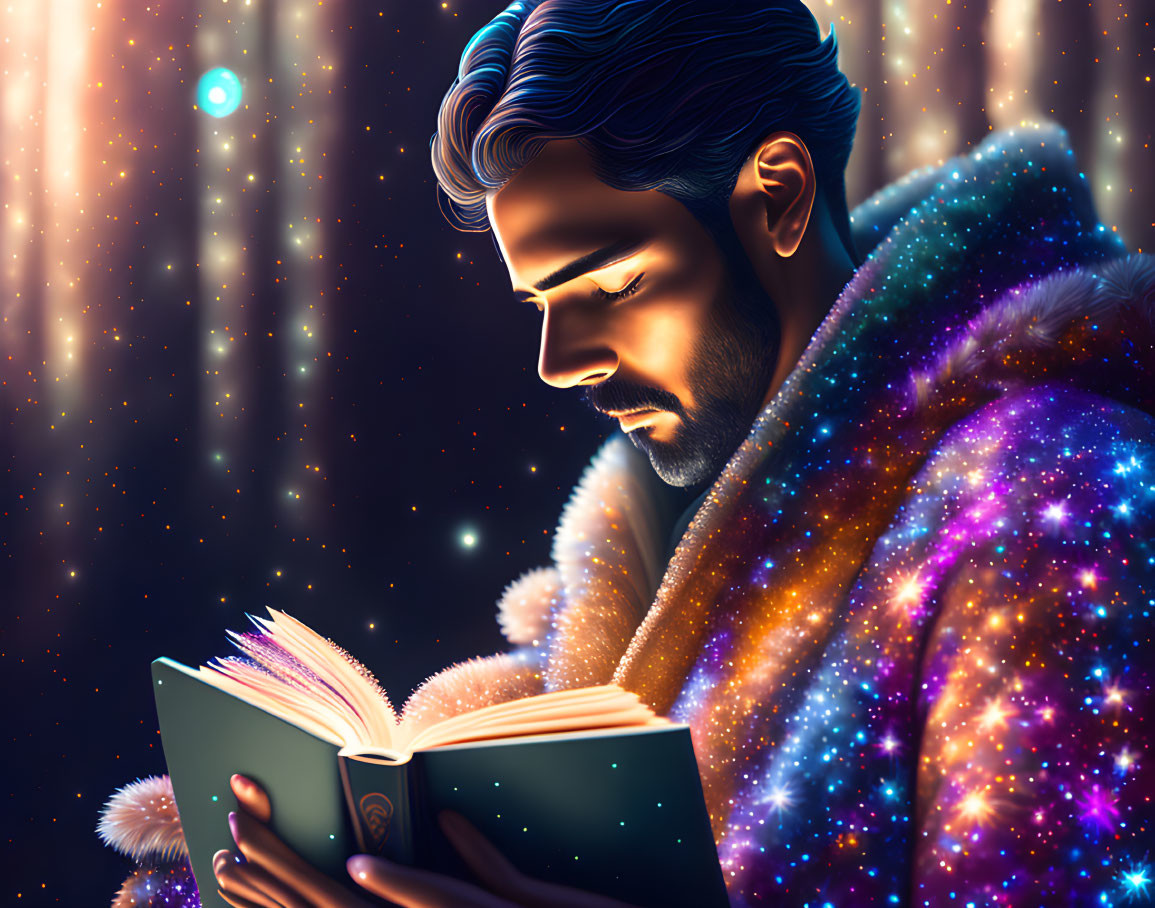 Man Reading Book with Galaxy Cape in Starry Night Scene