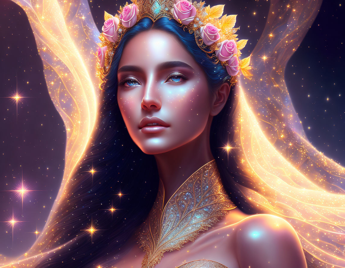 Celestial-themed digital artwork of a woman with golden crown and attire