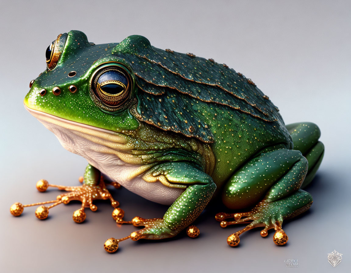 Detailed 3D green frog with textured skin and golden feet embellishments