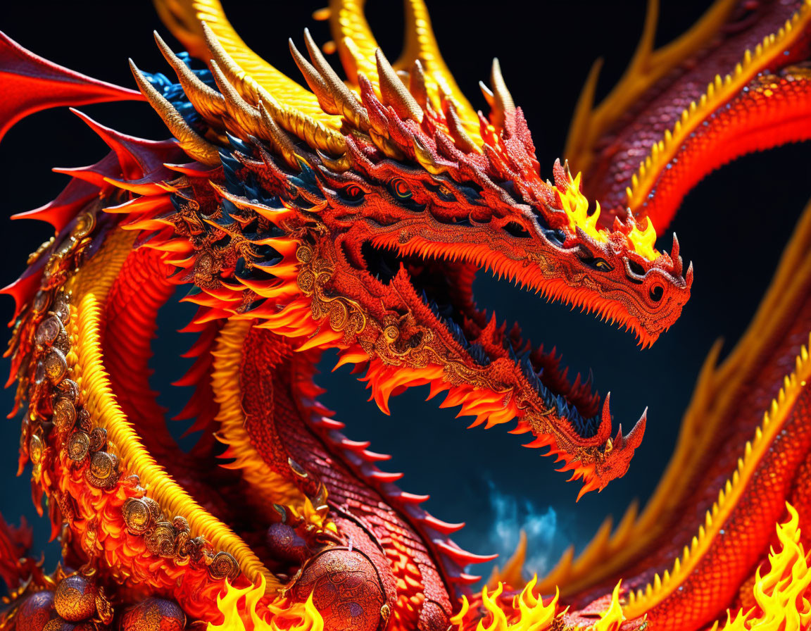 Detailed Red and Orange Dragon Digital Artwork