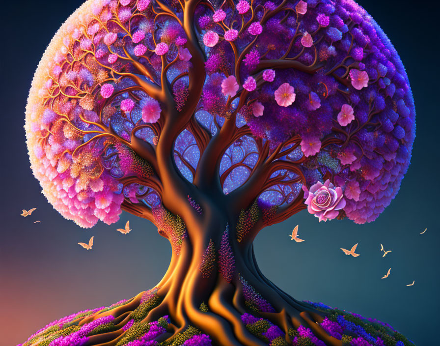 Stylized tree with pink flowers and butterflies in a dusk sky