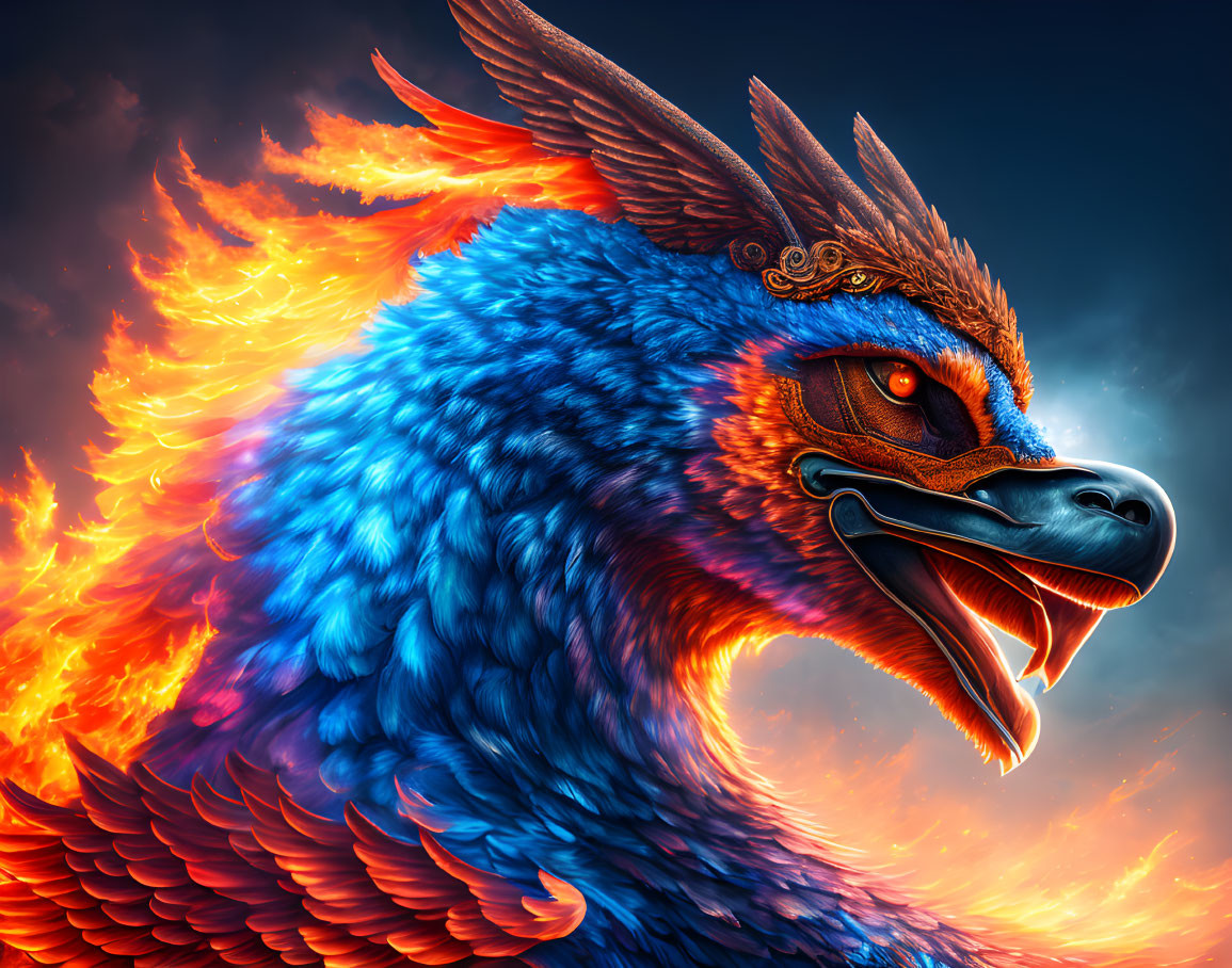 Majestic fiery phoenix with vibrant blue feathers and ornate headpiece against flames