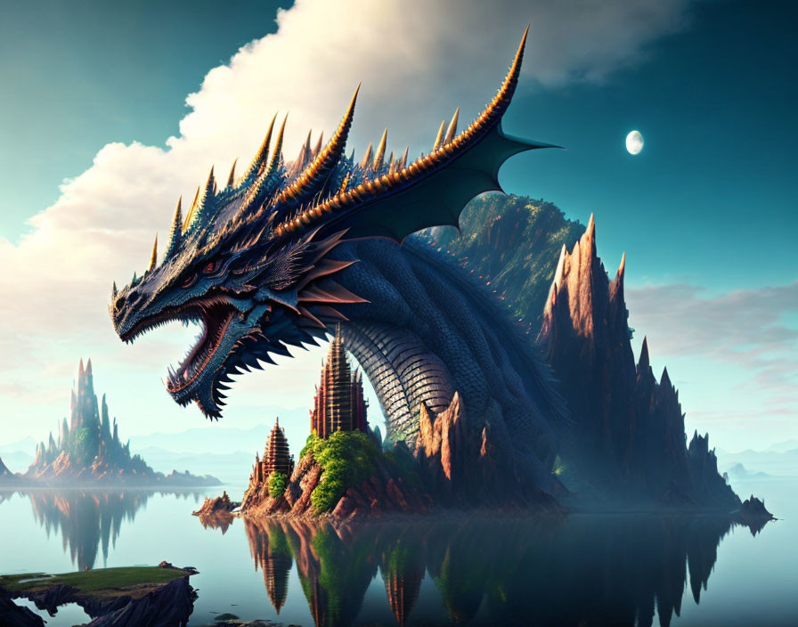 Detailed dragon on rocky landscape under surreal sky