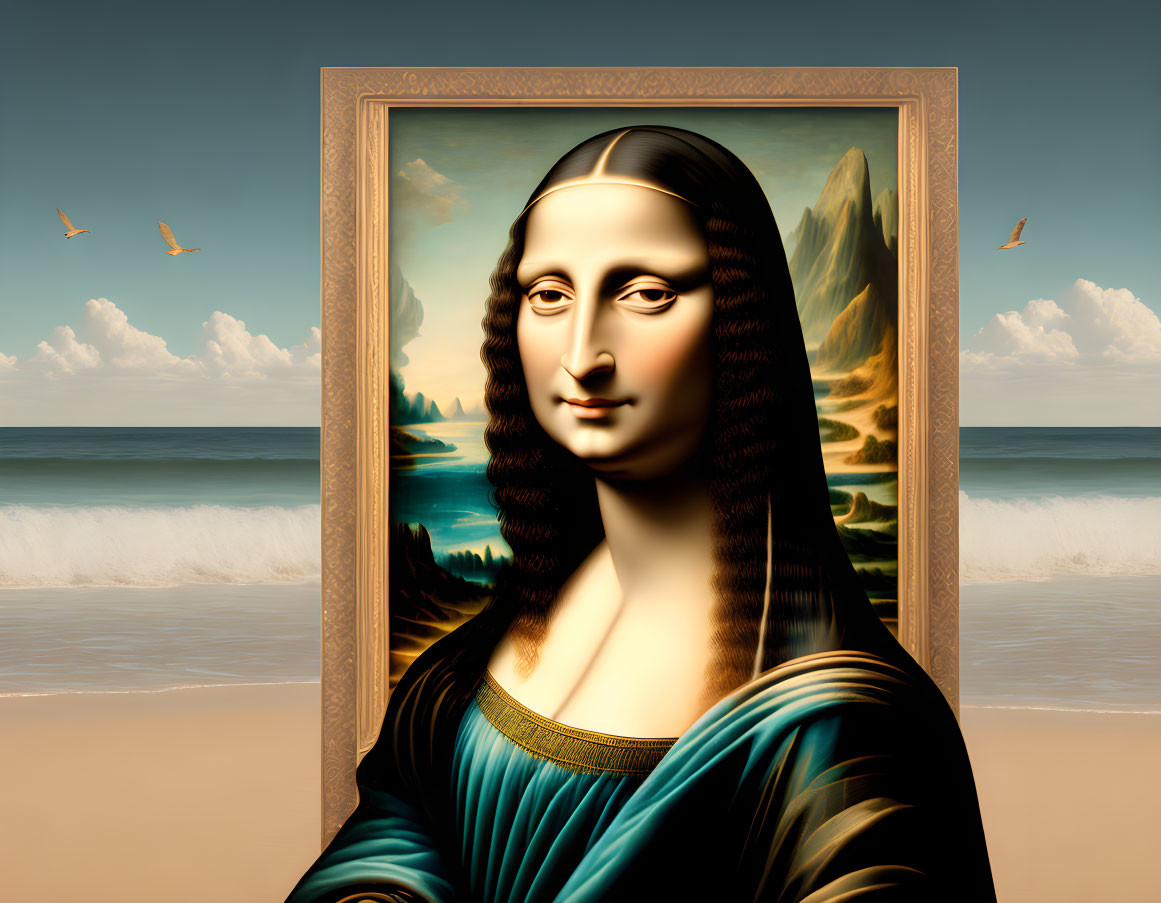 Famous portrait with beach and seagulls in background blending through frame