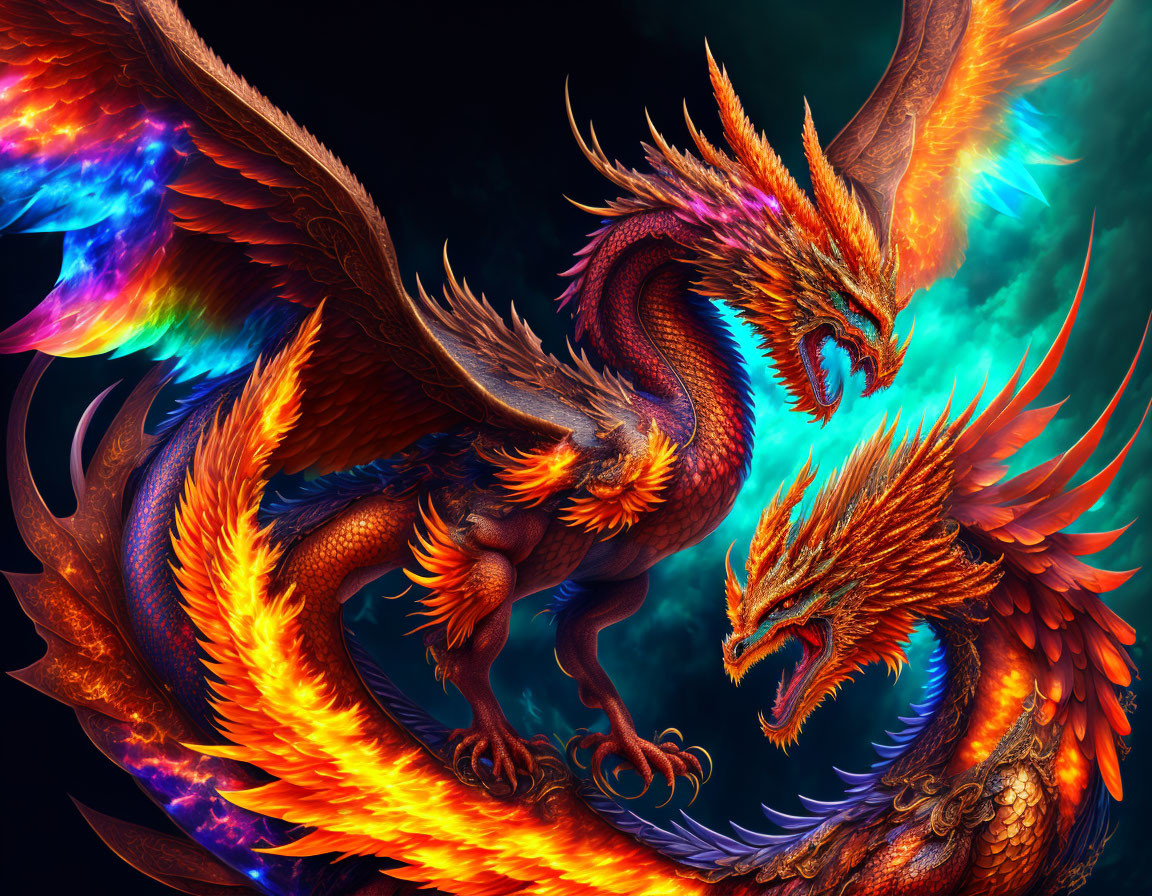 Vivid fiery dragons mid-flight on dark blue background