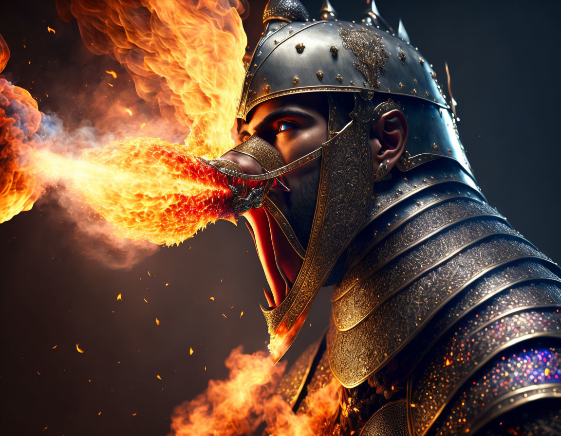 Knight in full armor breathing fire on dark background