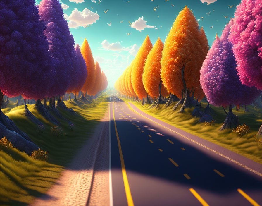 Colorful road with whimsical trees under golden sunset sky