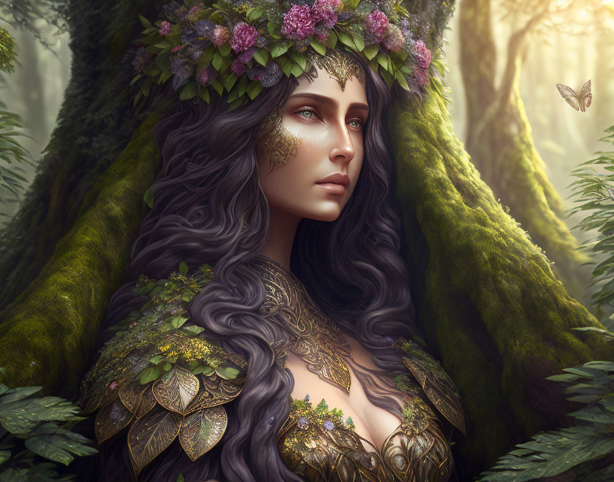 Mythical forest woman digital artwork with floral crown and golden leafy armor