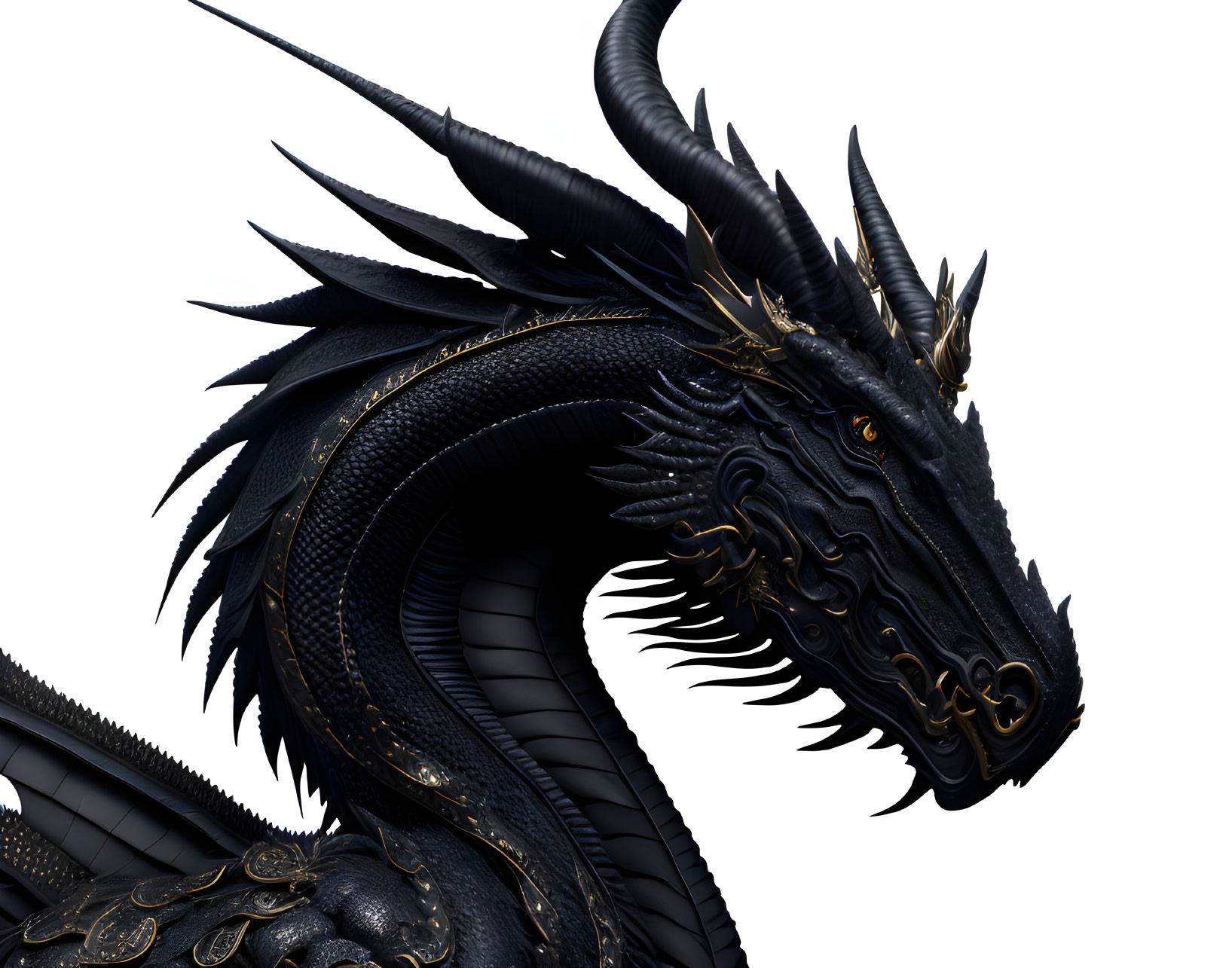 Detailed illustration: Majestic black dragon with golden accents and sharp horns on white background