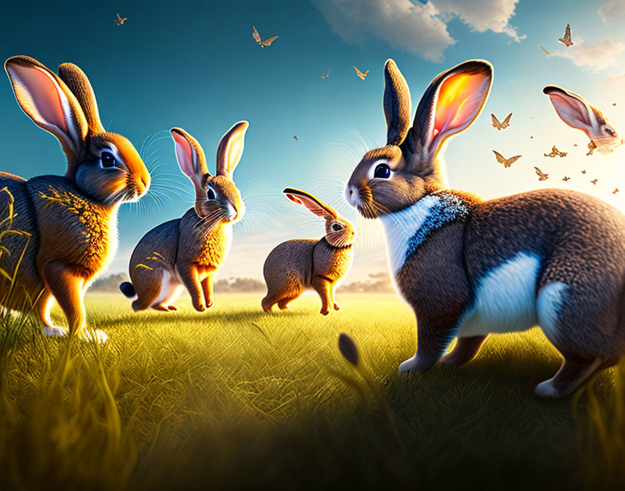 Whimsical animated rabbits in sunlit field with butterflies