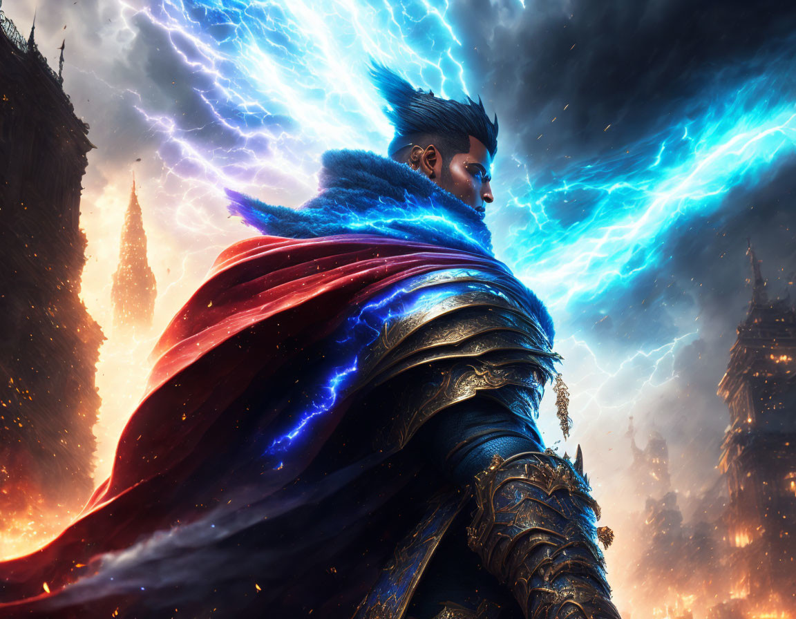 Heroic figure in regal armor with lightning and fiery cityscape