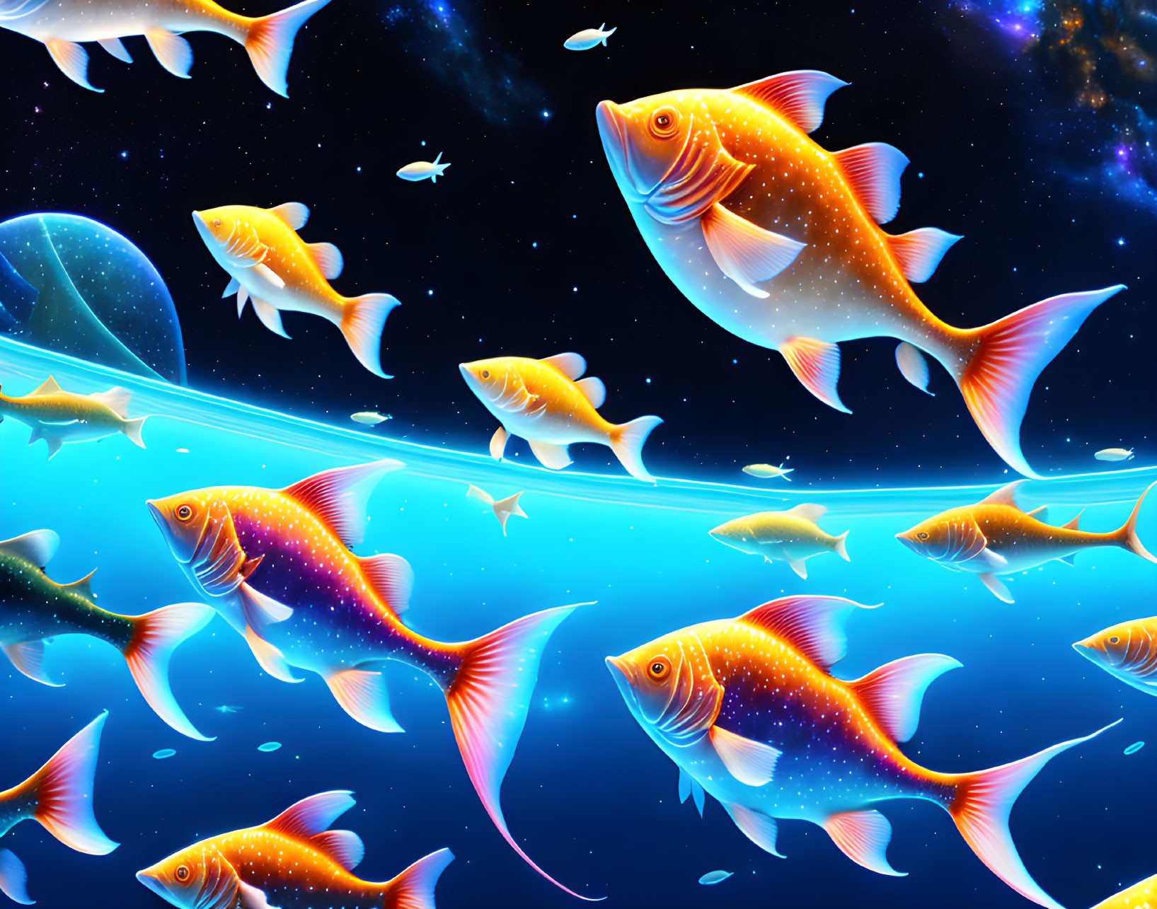 Colorful Fish in Cosmic Underwater Scene