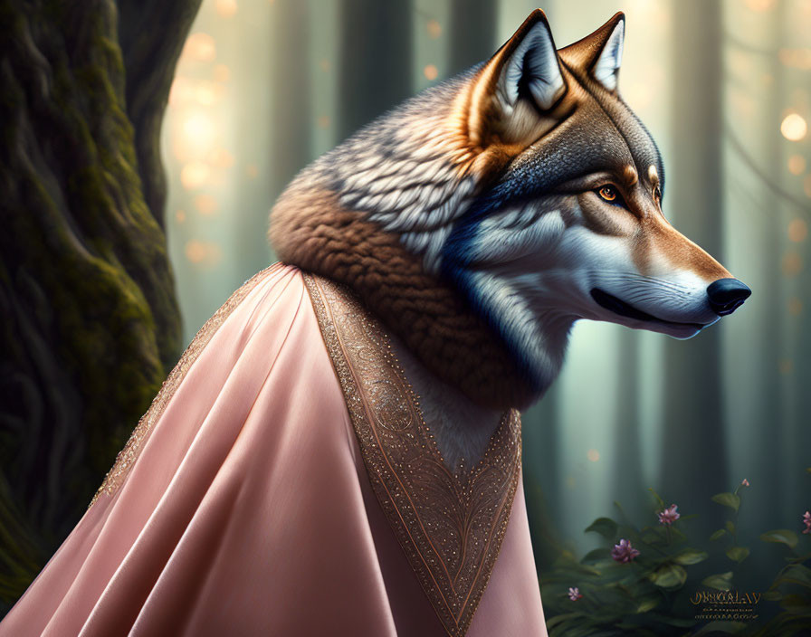 Anthropomorphic wolf in elegant pink cape in mystical forest