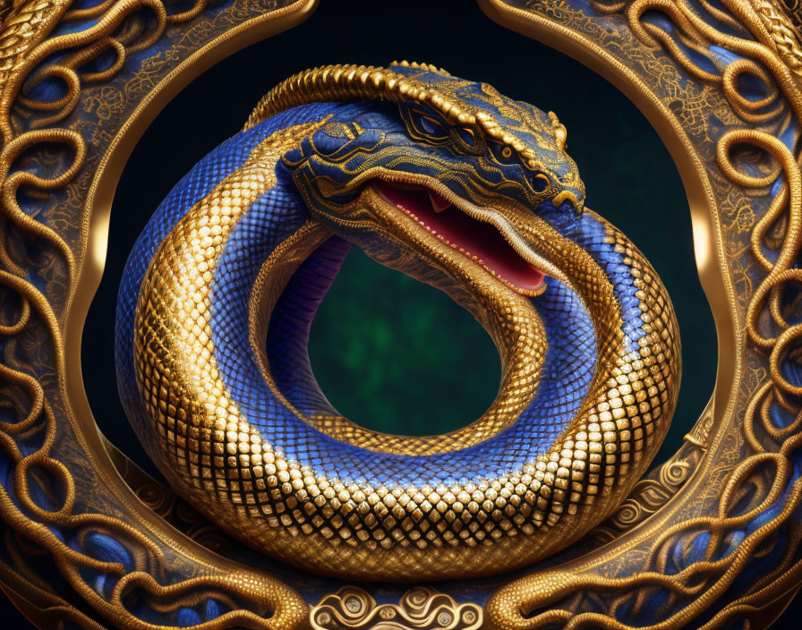 Detailed Blue and Gold Dragon Illustration with Ornate Border on Dark Green Background