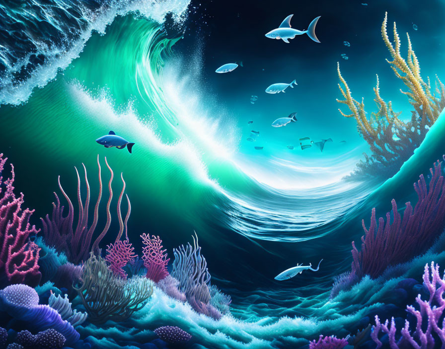 Colorful Underwater Scene with Wave, Coral Reefs, and Fish