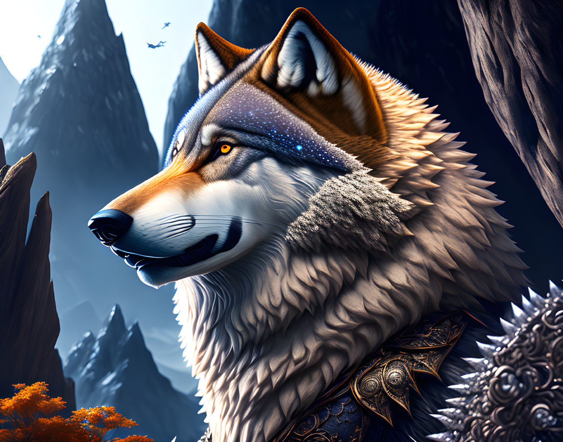 Majestic stylized wolf with vibrant fur in mountain landscape