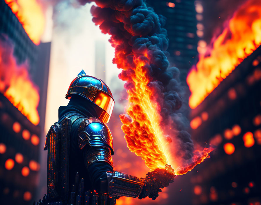 Futuristic firefighter in protective gear amidst urban flames