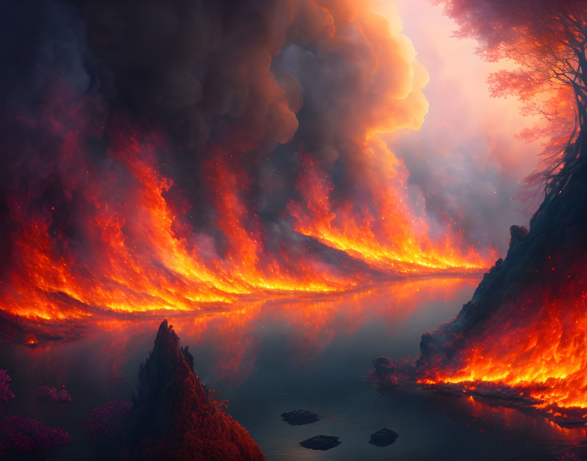 Dramatic landscape: lava river in forest under smoky sky