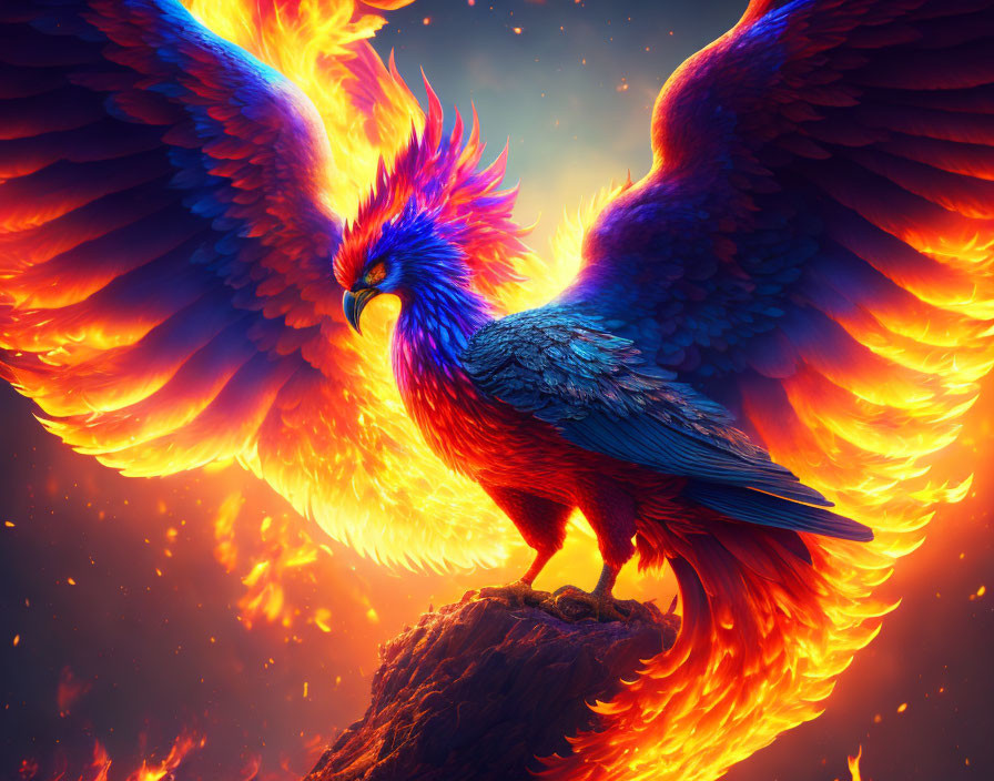 Majestic Phoenix with Blue and Orange Plumage Perched on Rock Amidst Flames