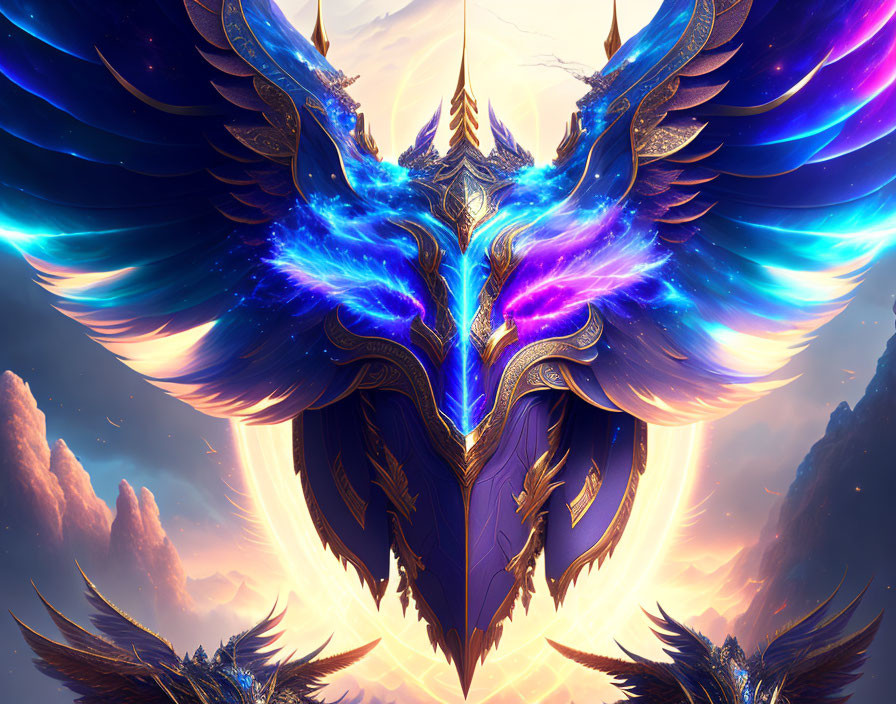 Majestic blue and gold phoenix in sunset clouds