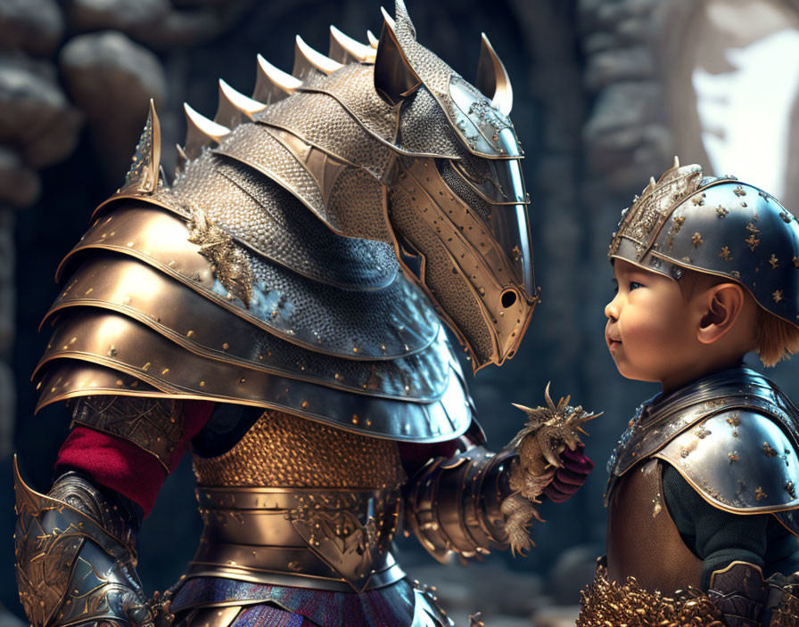 Knight in spiked armor meets child in fantasy helmet in medieval scene