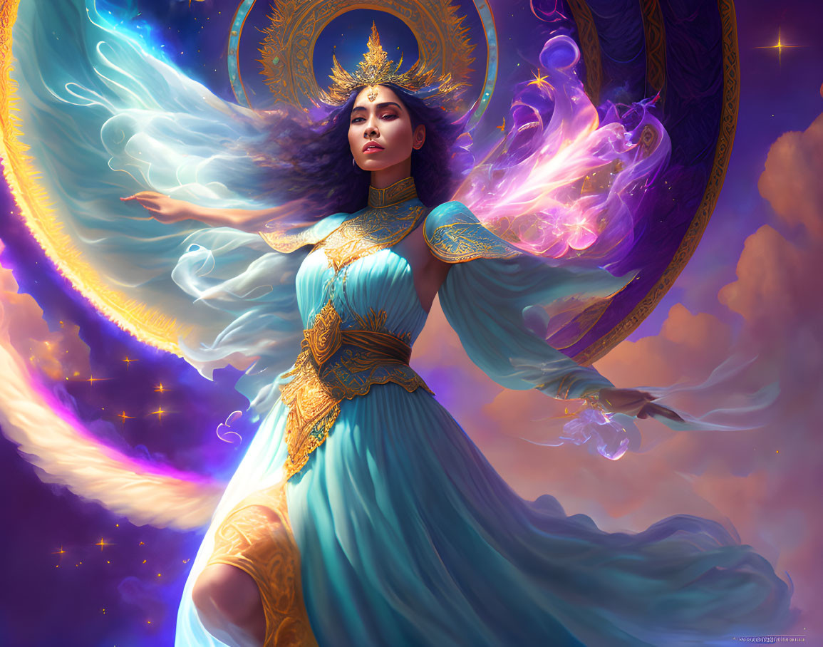 Woman in blue dress with gold trim in celestial realm surrounded by cosmic symbols