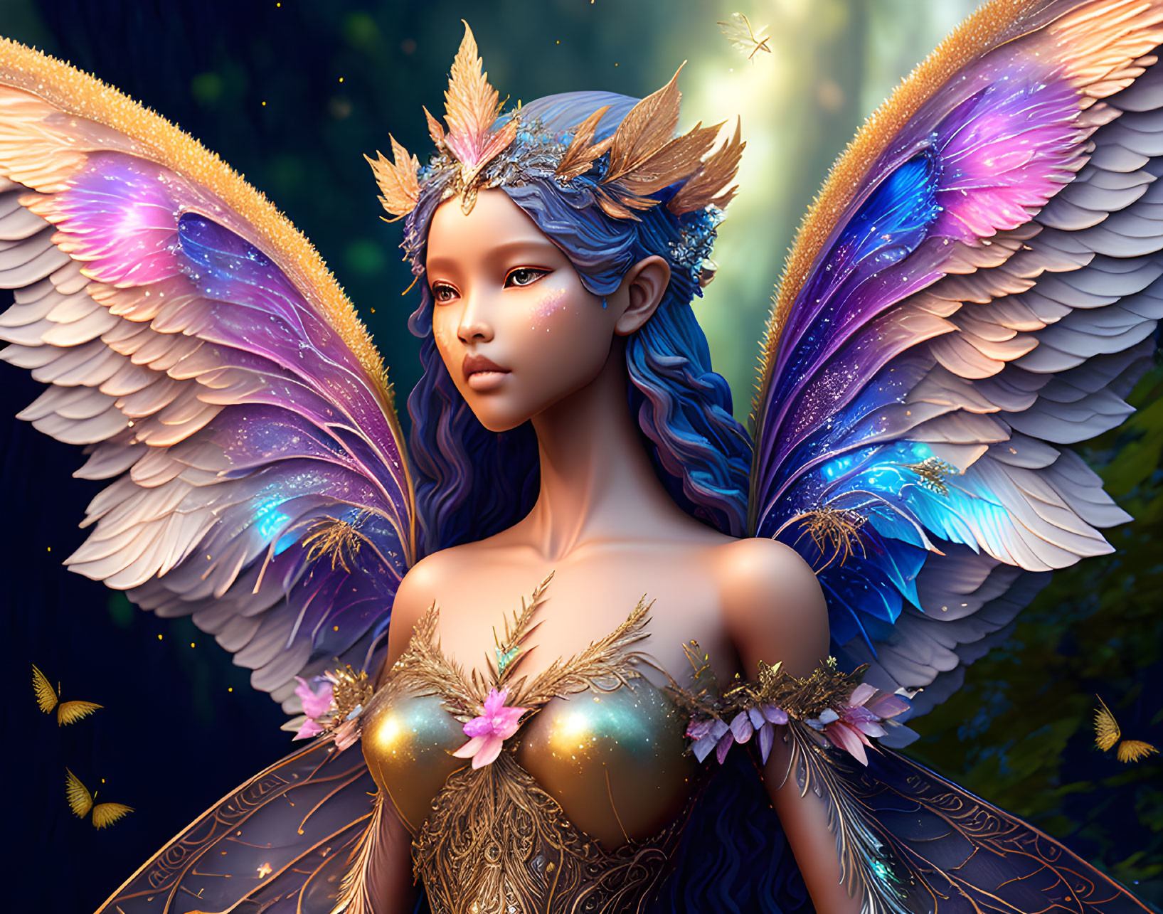 Fantasy digital art: Butterfly-winged figure in golden armor.