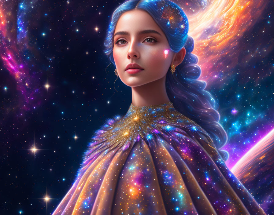 Celestial-themed digital artwork of a woman with starry hair and dress