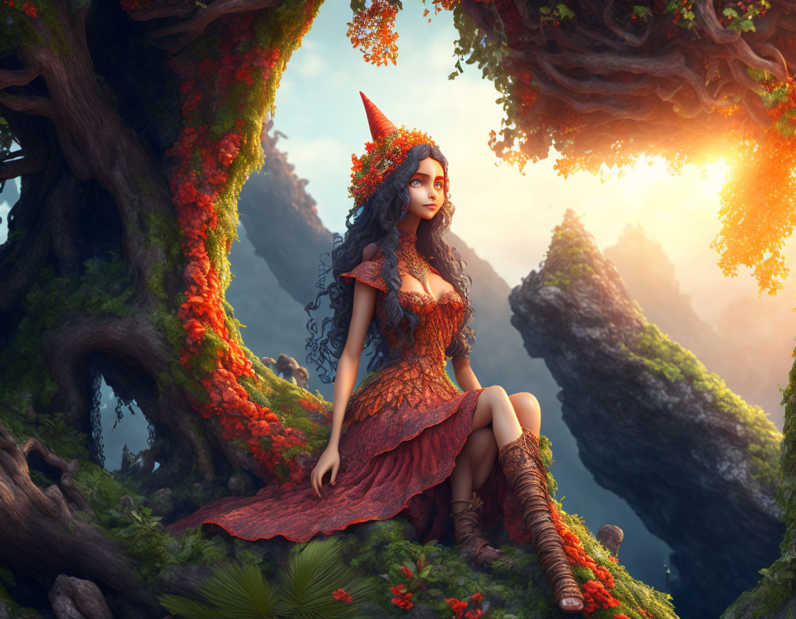 Mystical female character in red dress sitting in lush forest