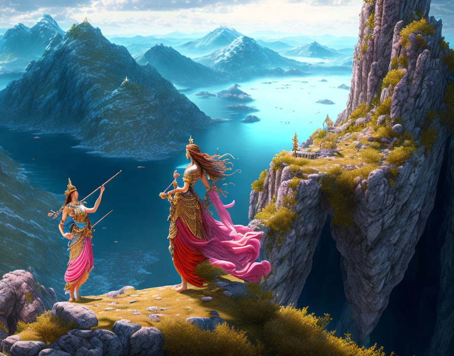 Ethereal women in ornate armor and dresses on cliff overlooking serene landscape