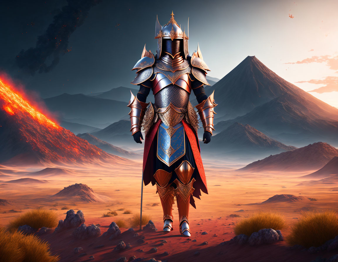 Ornate armored knight in desert with erupting volcano