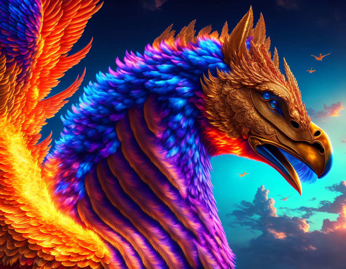 Colorful Phoenix with Orange, Blue, and Purple Plumage at Sunset