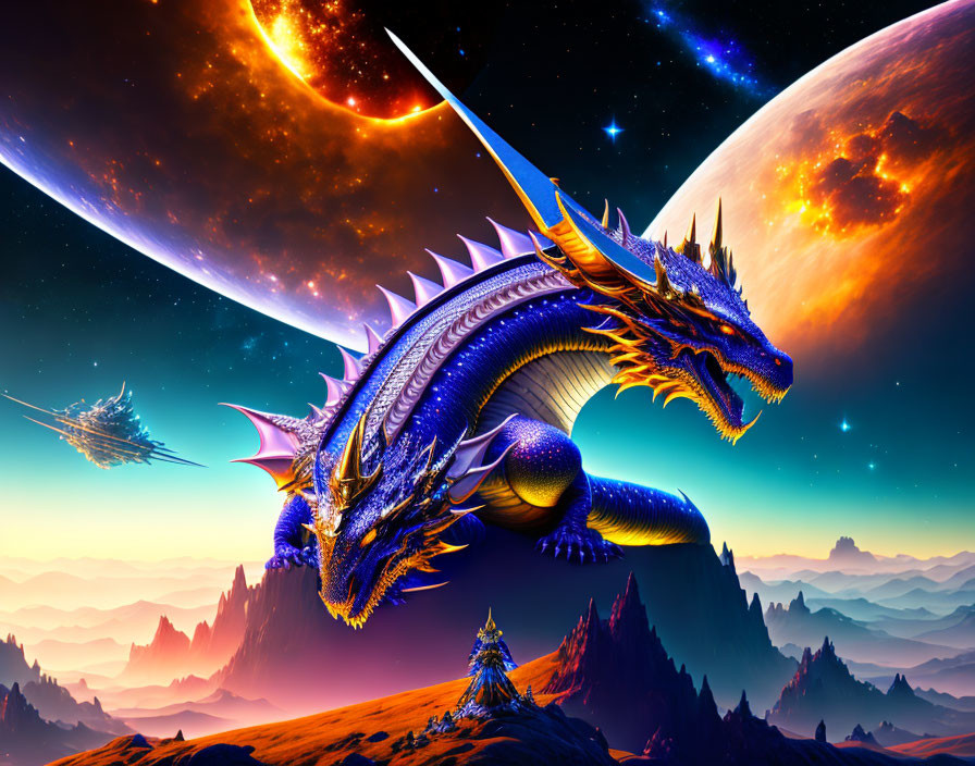 Majestic dragon on mountain with alien sky, planets, shooting star, and spaceships.