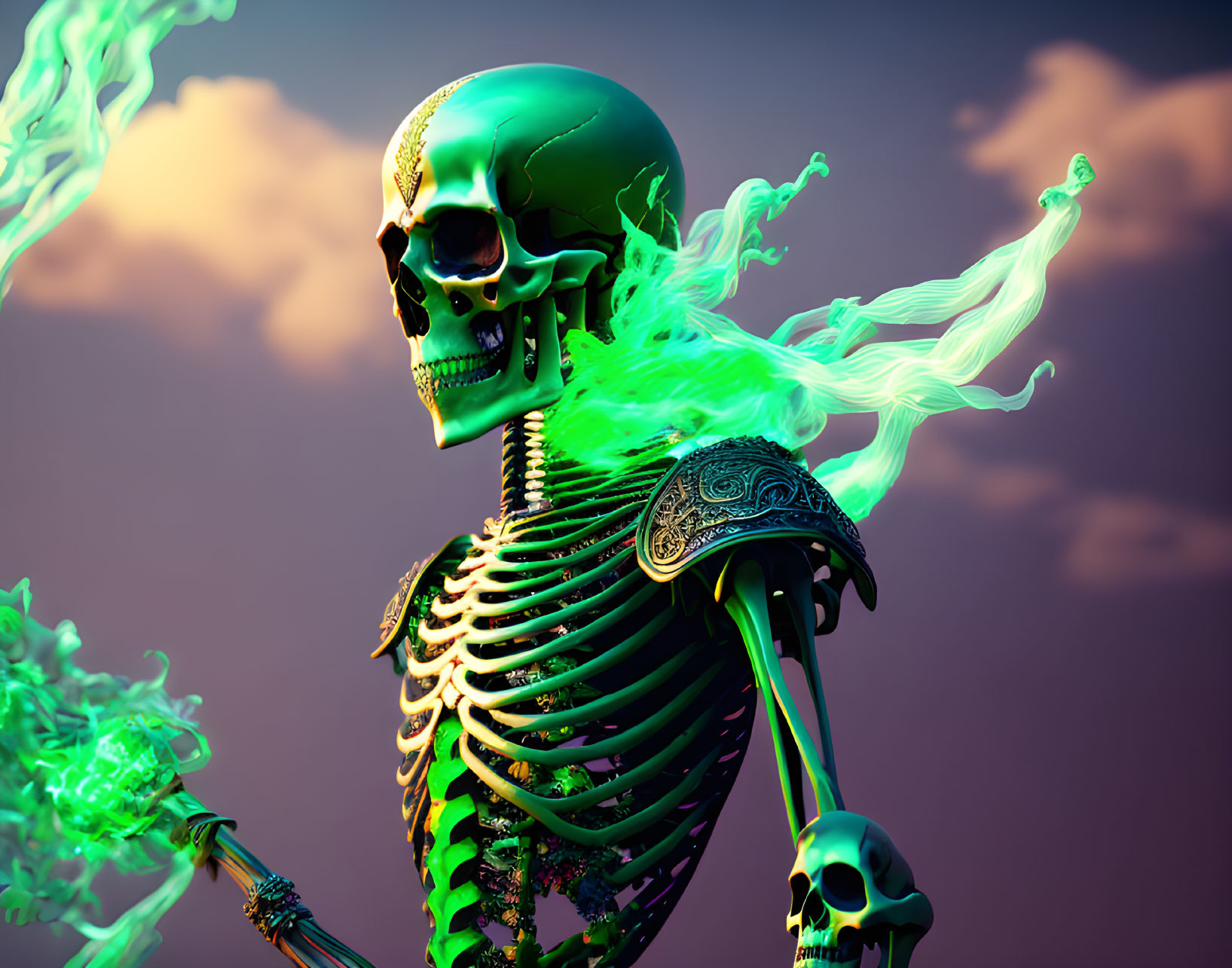 Green-tinted skeleton with neon flames on purple background