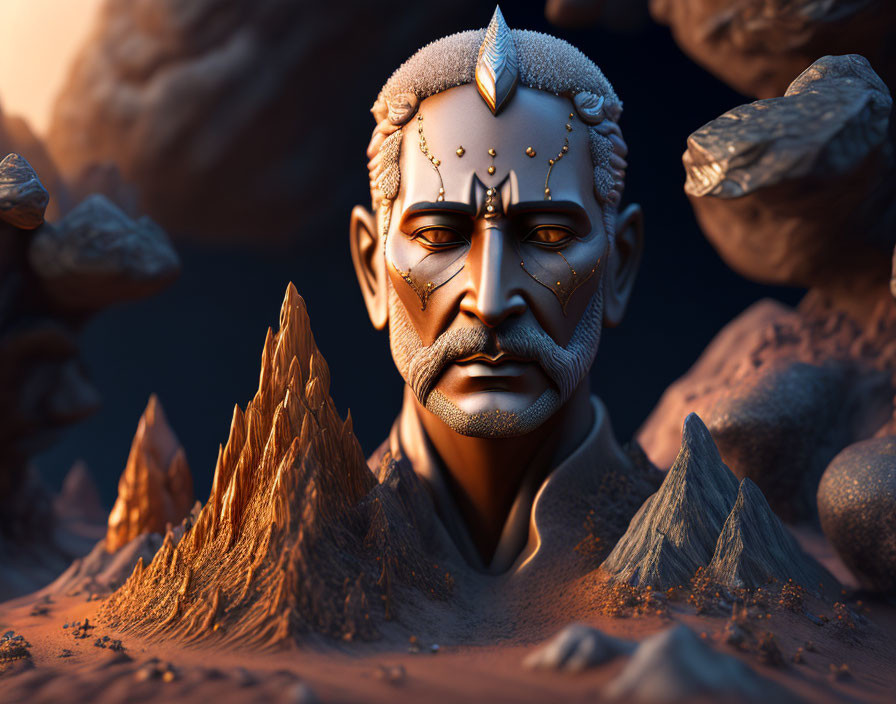 Digital artwork: Stern-faced male figure with futuristic adornments in Martian-like landscape at dusk