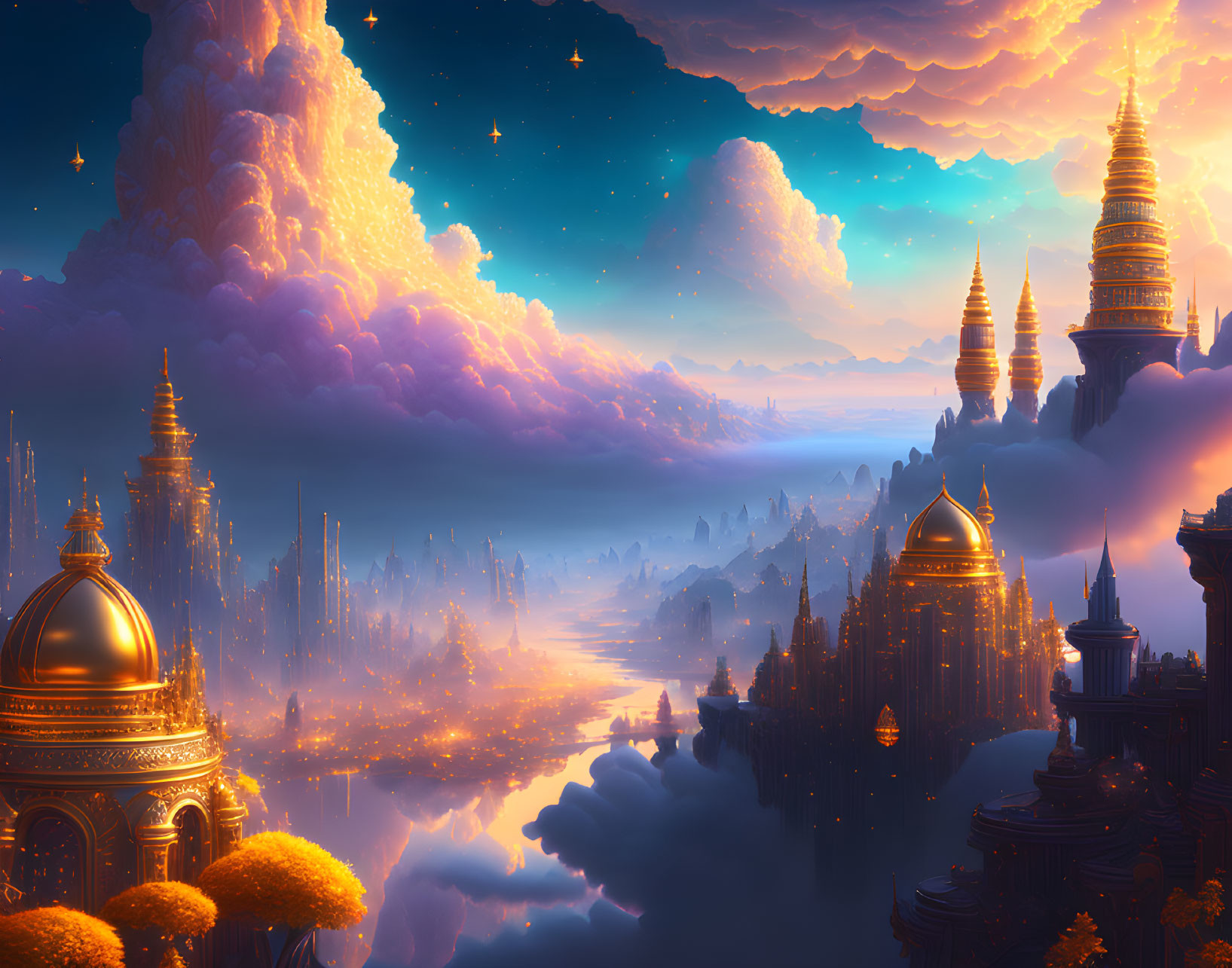 Fantastical city with golden domes and spires at sunset