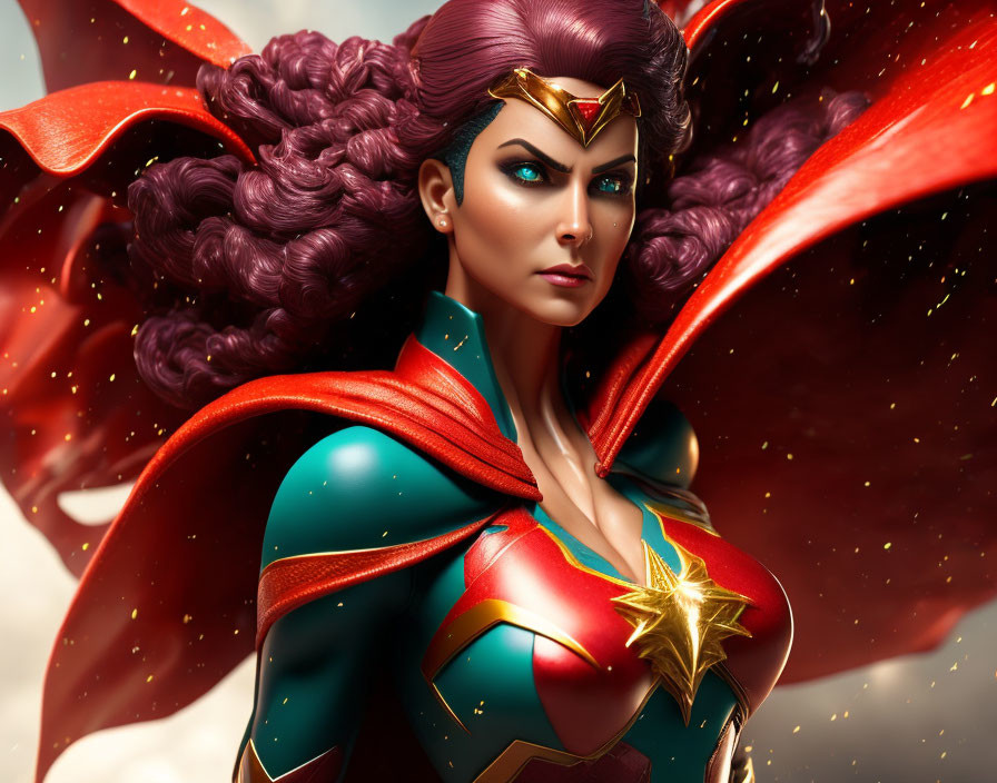 Female superhero 3D illustration with red cape, green suit, gold accents