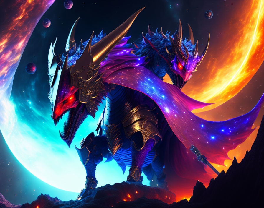 Fantasy dragons in alien landscape with vibrant cosmic sky