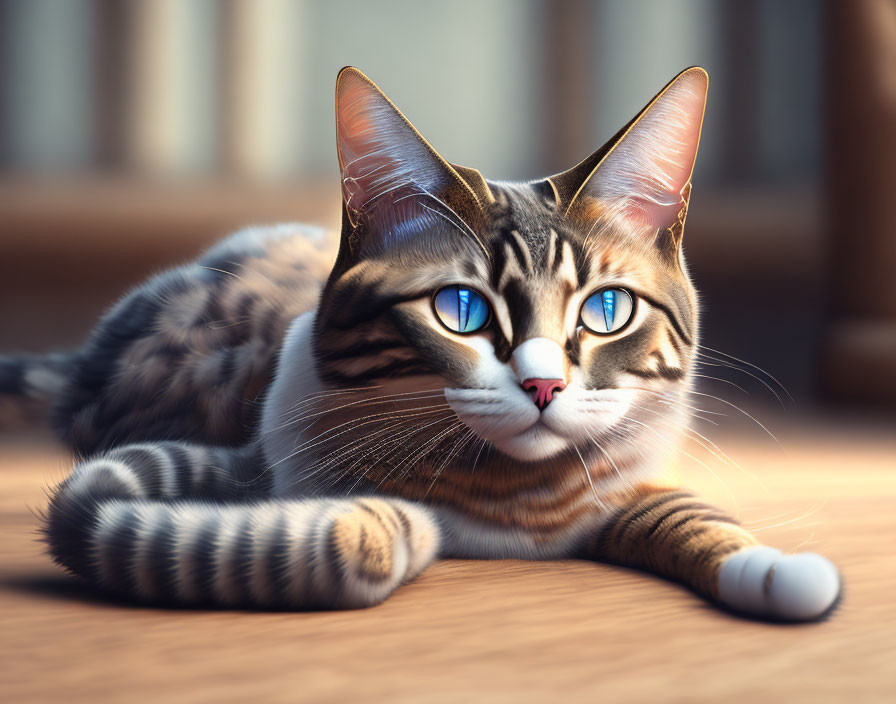 Tabby Cat with Blue Eyes Resting on Wooden Floor