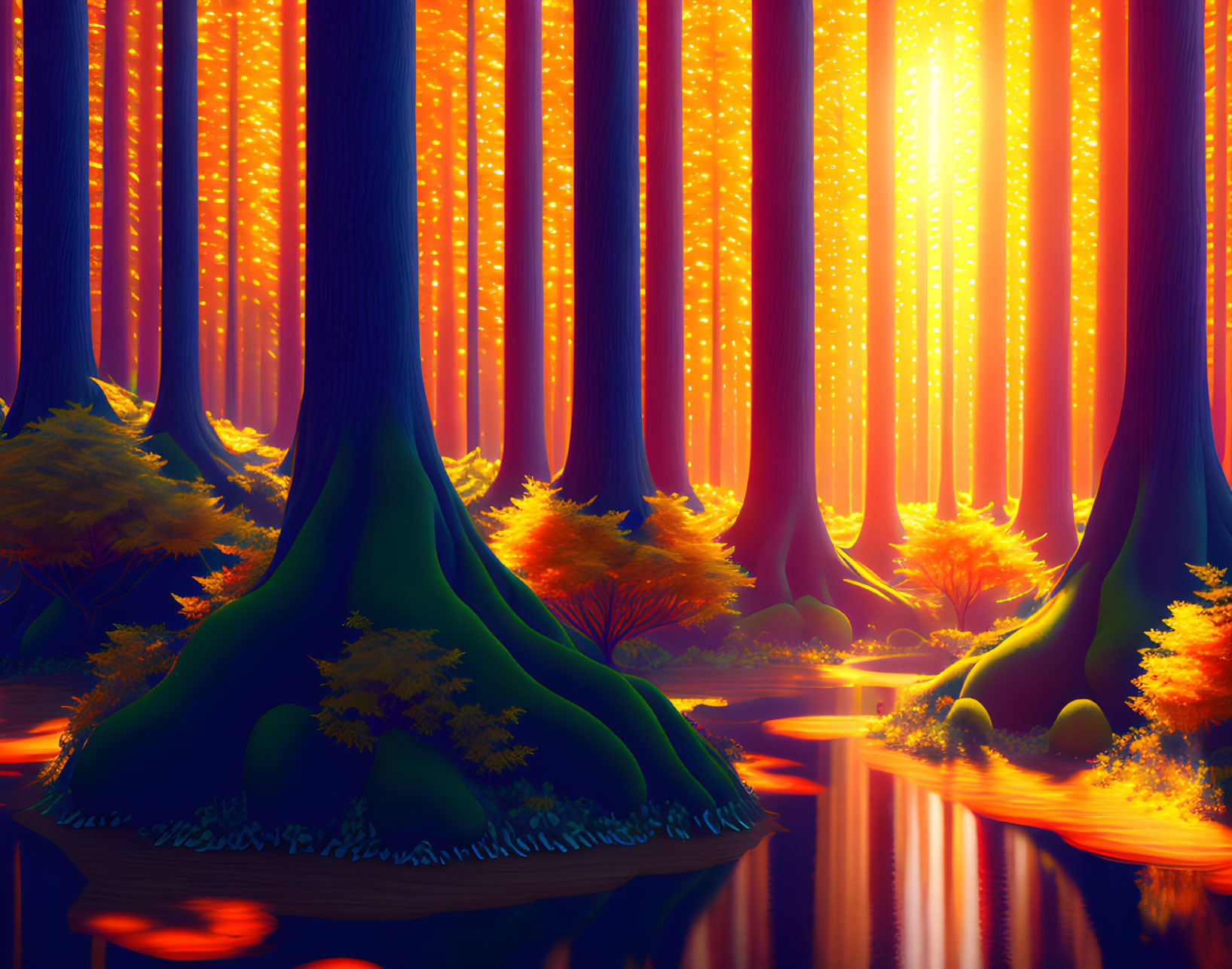 Mystical forest with glowing trees and serene water body